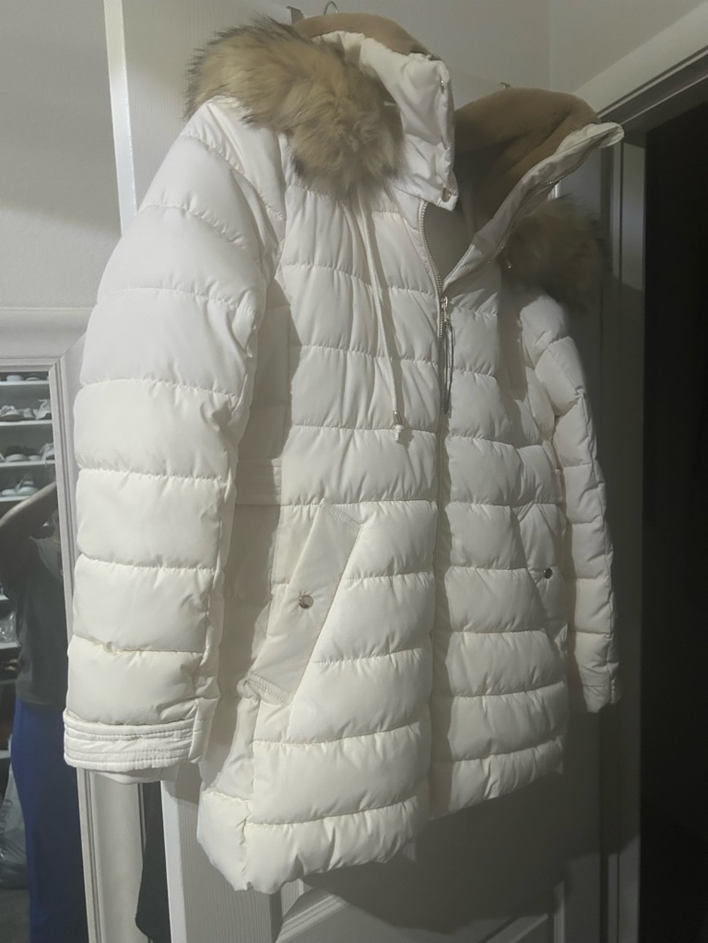 Zara White Puffer Jacket with Faux Fur Trim